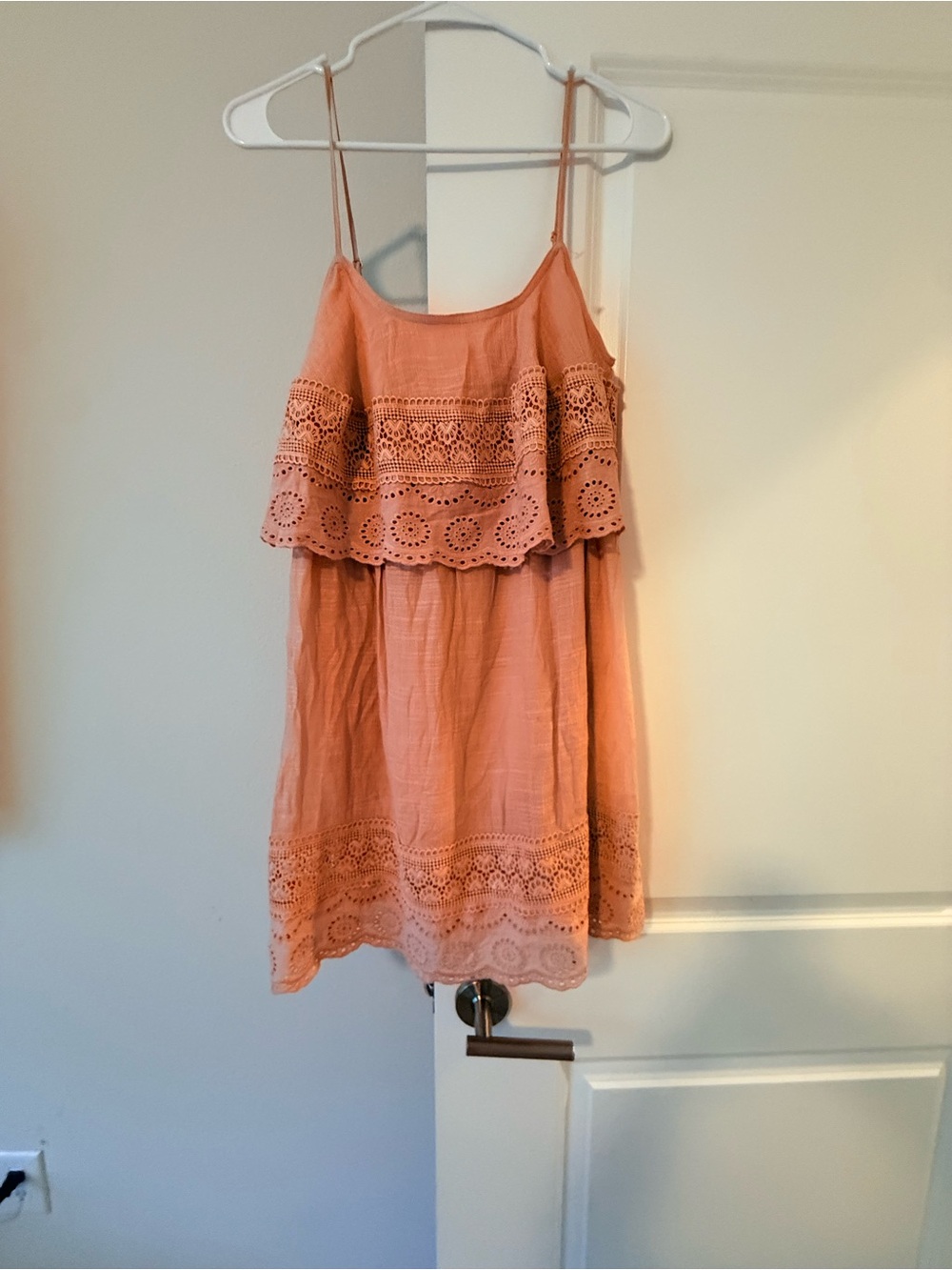 Eyelet Ruffle Spaghetti-Strap Mini Dress in Coral